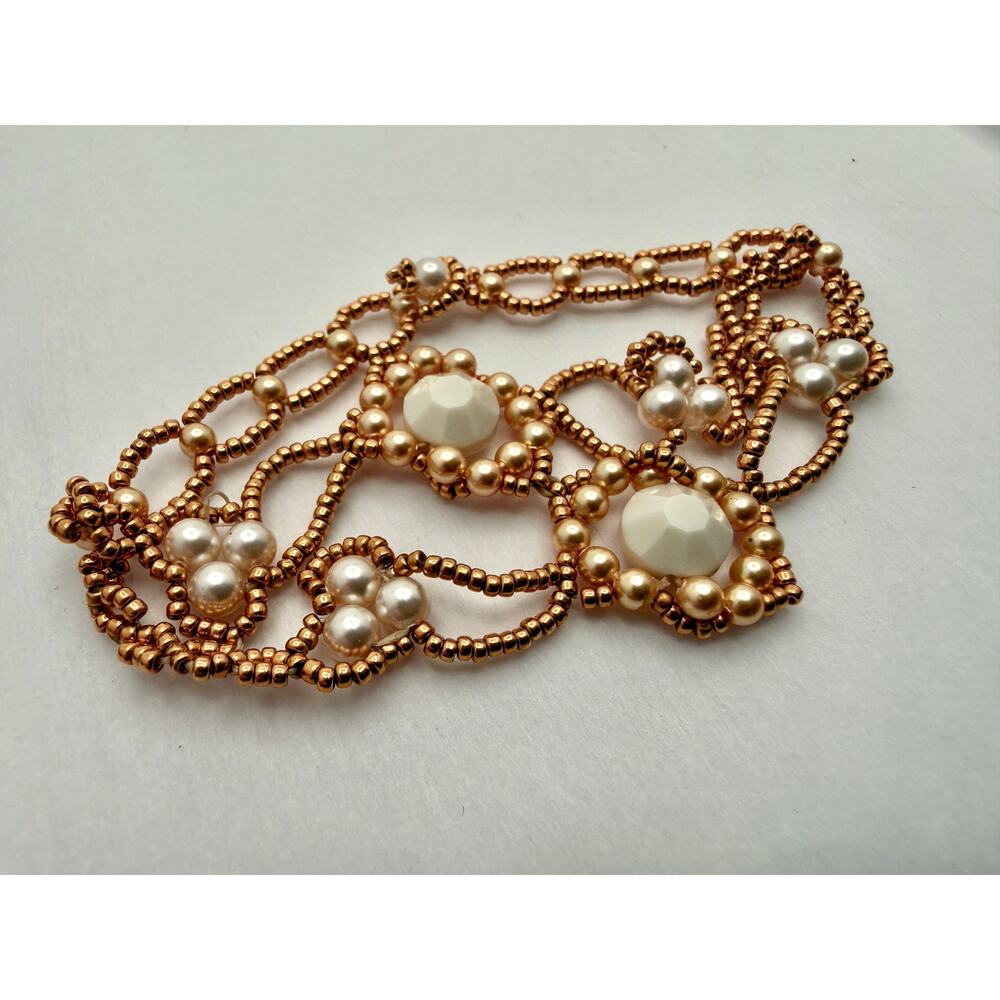 Handcrafted Victorian Style Beaded Bracelet Gold Tone & Faux Pearl Cuff
